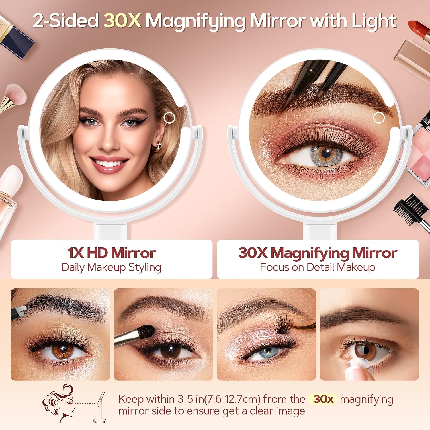 Vanity Mirror With Lights, 30X Magnifying Makeup Mirror With 3 Lighting And Adjustable Brightness, Rechargeable 2-Sided Height Adjustable Desk Mirror For Bathroom, Women Gifts For Mom