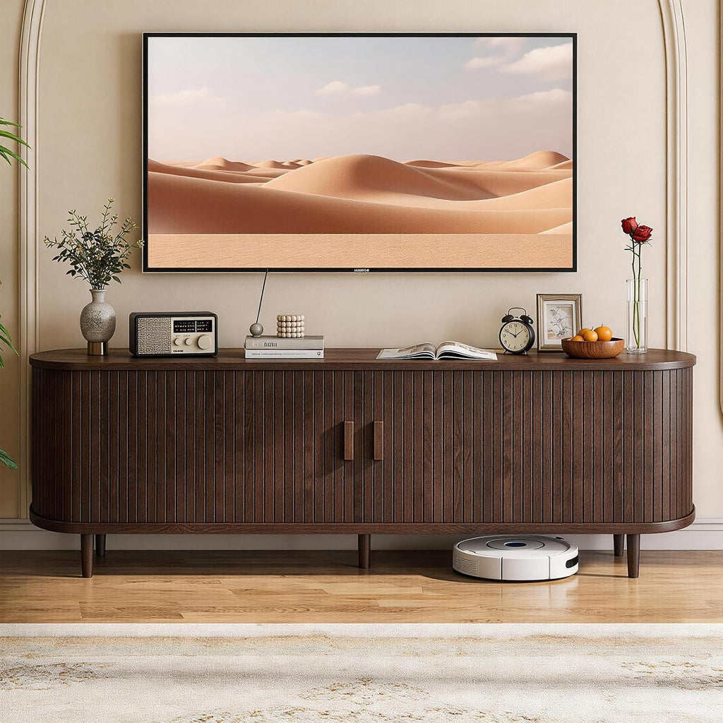 65" Mid Century Modern Tv Stand With Power Outlet, Fluted Entertainment Center With Storage And Adjustable Shelves, Wood Tv Console With Sliding Doors For Living Room, Walnut