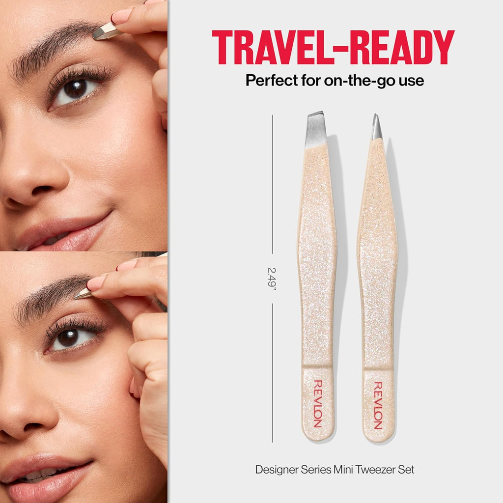 Revlon Designer Series Mini Tweezer Set, Hair Removal Tool Kit with Slant & Point Tips, Portable and Easy to Use, Made with Long Lasting Stainless Steel, 1 Count
