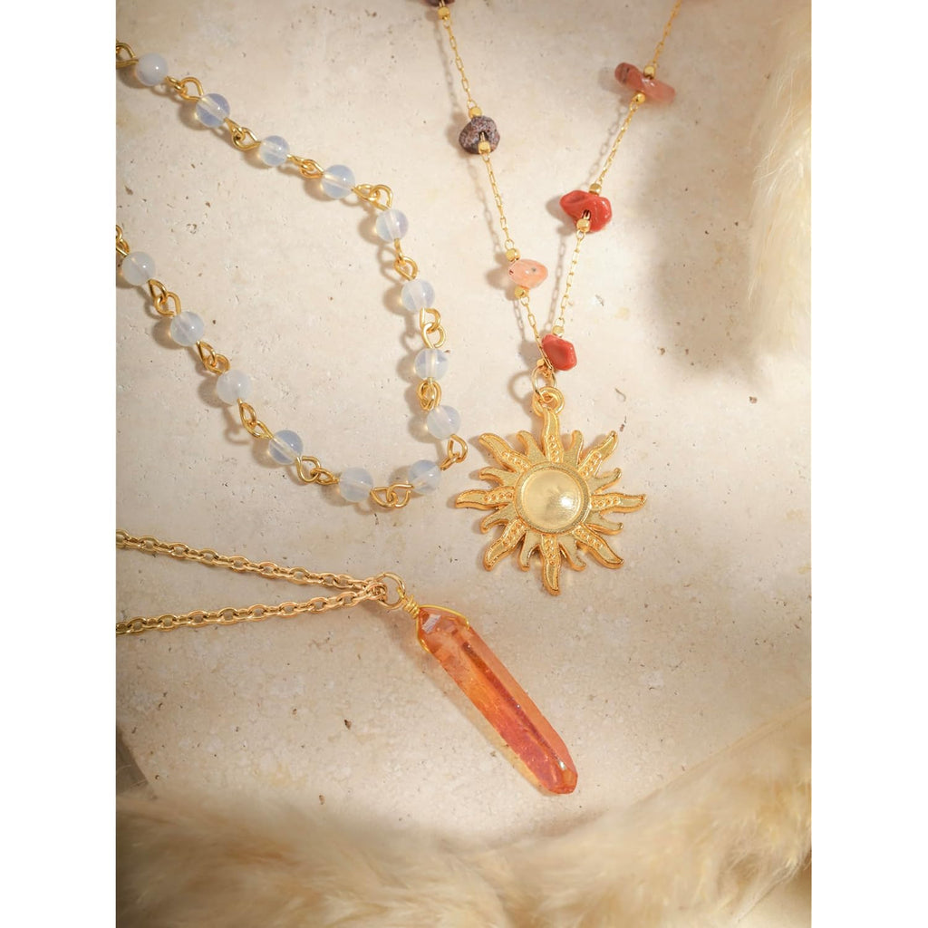 Sacina Layered Crystal Sun Necklace, Gothic Boho Hippie Summer Beach Necklace, Boho Hippie Jewelry, Christmas Jewelry Gift for Women