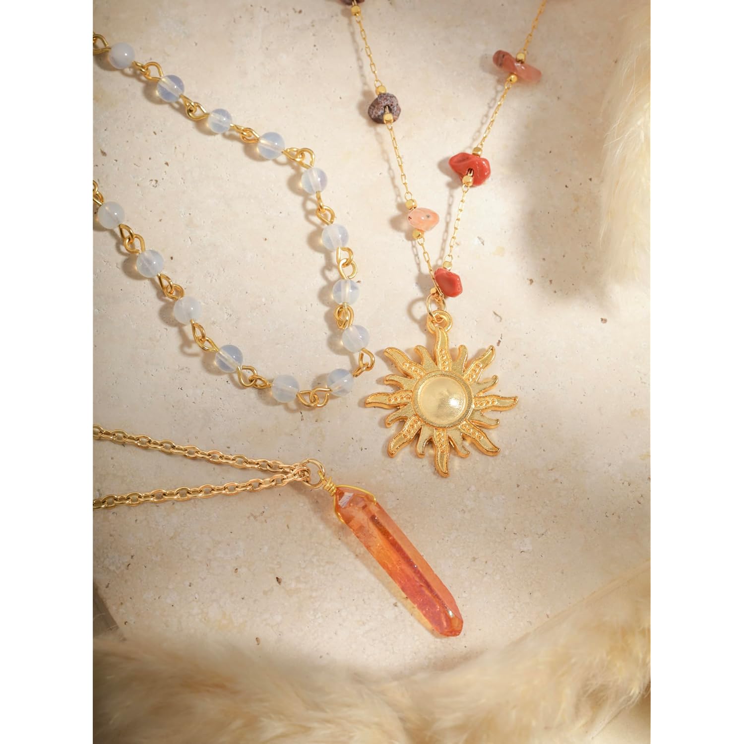 Sacina Layered Crystal Sun Necklace, Gothic Boho Hippie Summer Beach Necklace, Boho Hippie Jewelry, Christmas Jewelry Gift for Women