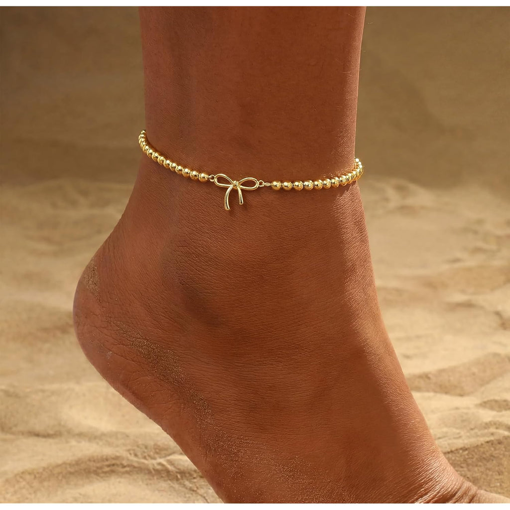 Gold Ankle Bracelets for women,14k Gold/Silver Plated Waterproof Layered lightweight Bow Beaded Twisted Chain Cross Butterfly Satellite Ankle Bracelets Set Gold Anklets for women Trendy Summer Beach Jewelry Gift for Women