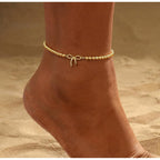 Gold Ankle Bracelets for women,14k Gold/Silver Plated Waterproof Layered lightweight Bow Beaded Twisted Chain Cross Butterfly Satellite Ankle Bracelets Set Gold Anklets for women Trendy Summer Beach Jewelry Gift for Women