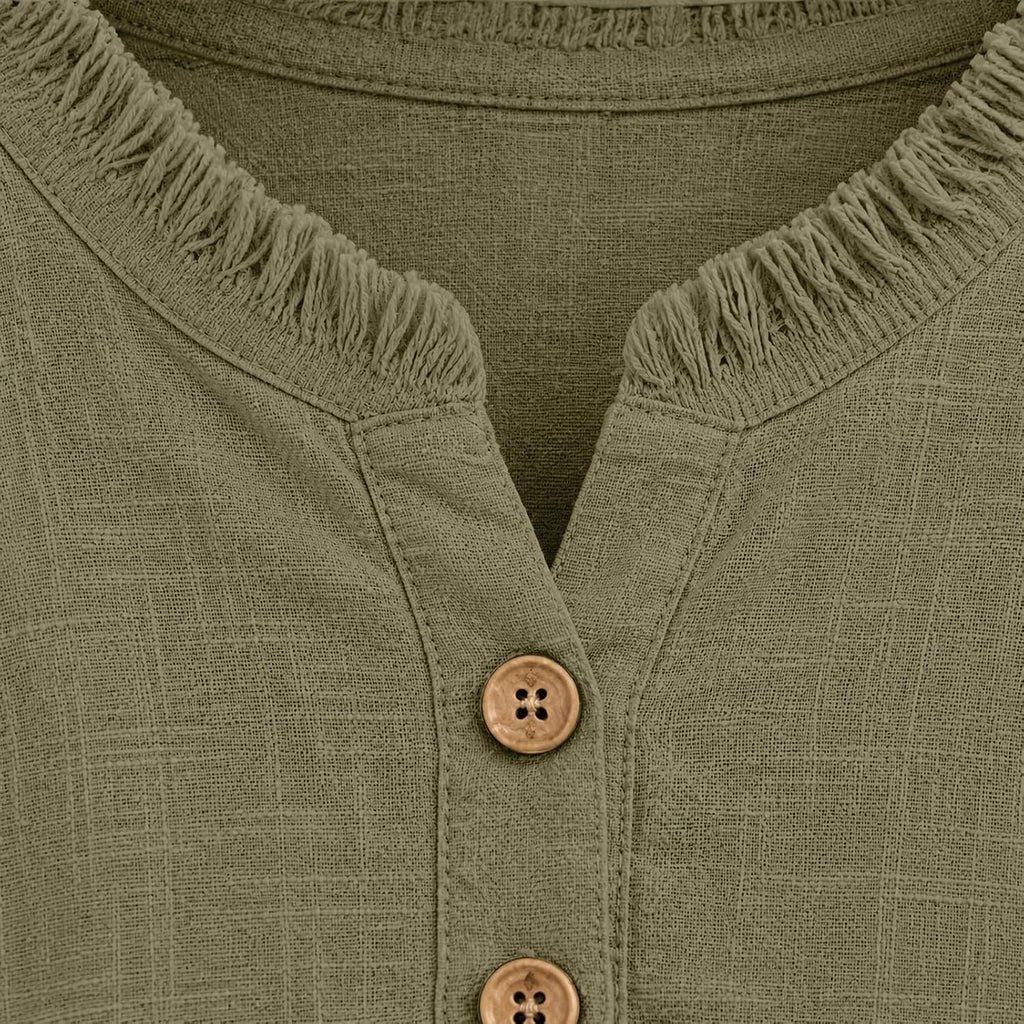 Linen Shirts For Women Summer Raw Hem Gauze Shirts 3/4 Length Sleeve Frayed V Neck Henley Shirt Boho Tunic Blouse