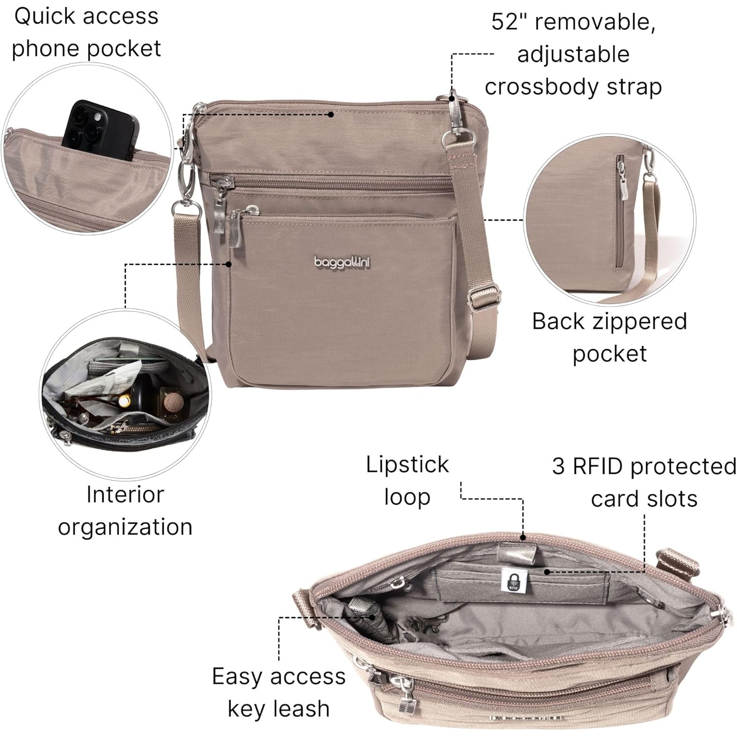 Baggallini Modern Pocket Crossbody Bag for Women, 8.5"x8.5" Handbag Purse with RFID, Lightweight Water-Resistant
