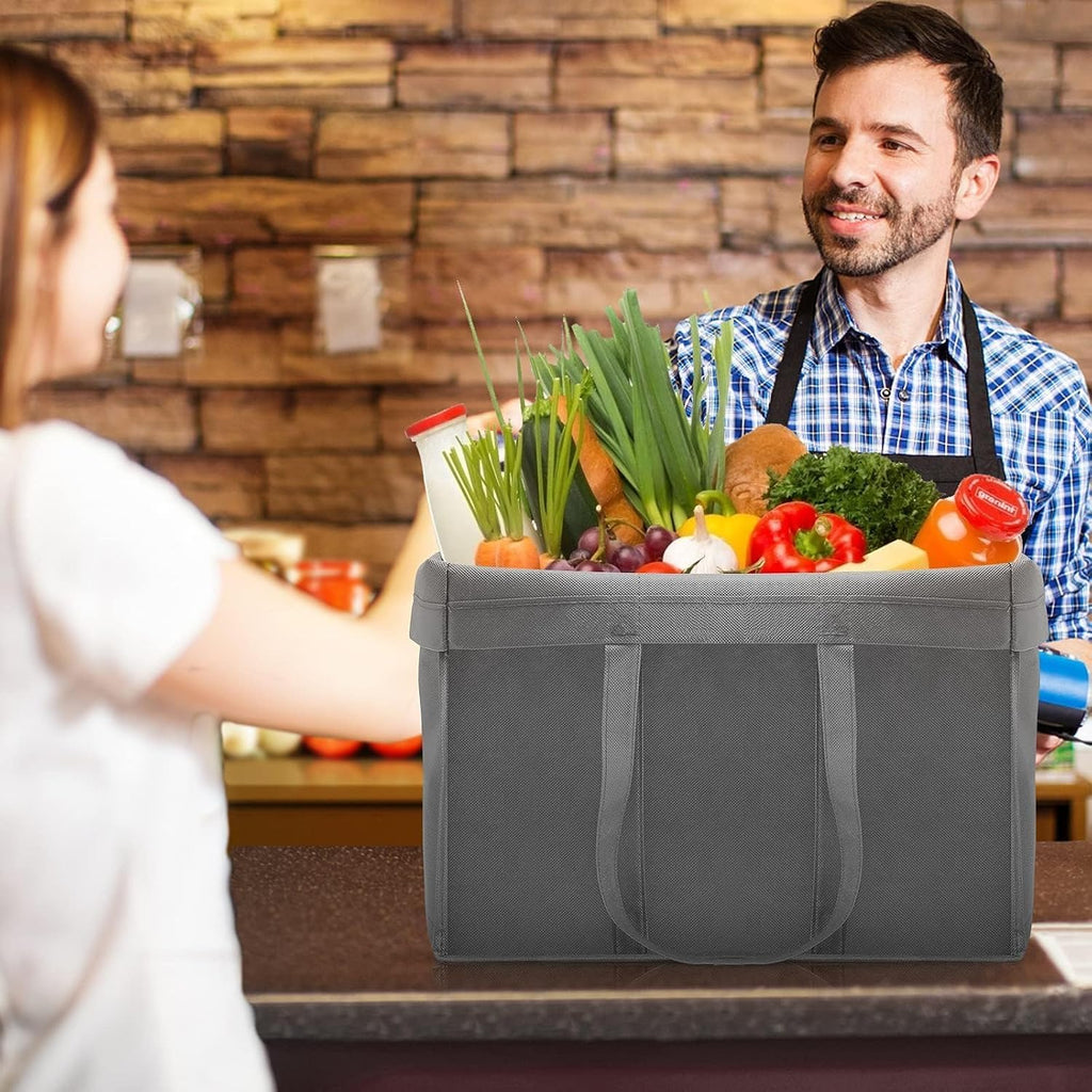 Wiselife Reusable Grocery Shopping Bags 10 Pack Large Foldable Tote Bags Bulk, Eco Produce Bags With Long Handle For Shopping Groceries Clothes (Grey&Black)