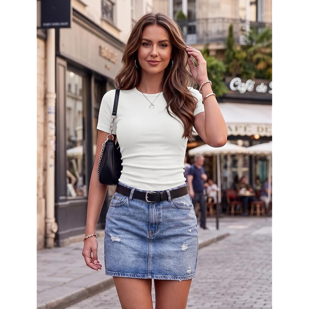 Zeagoo Women Short Sleeve Tops Crewneck Ribbed Knit Fitted Tshirts Dressy Casual Basic Tee 2026 Summer Clothes