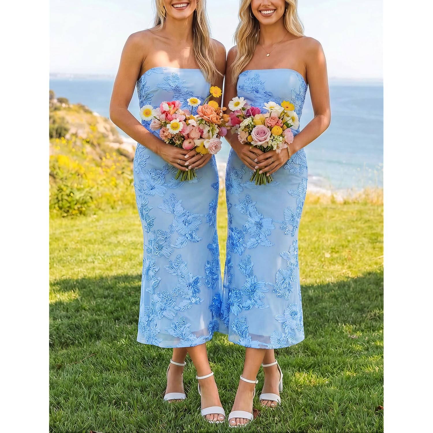 Zesica Cocktail Wedding Guest Dresses For Women 2026 Summer Strapless Floral Bodycon Mesh Tube Formal Party Midi Dress