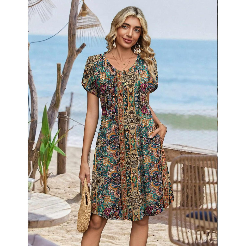 Zeagoo Summer Dresses For Women Casual A Line Dress 2026 V Neck Short Dresses Floral Sundress Pleated Boho Dress