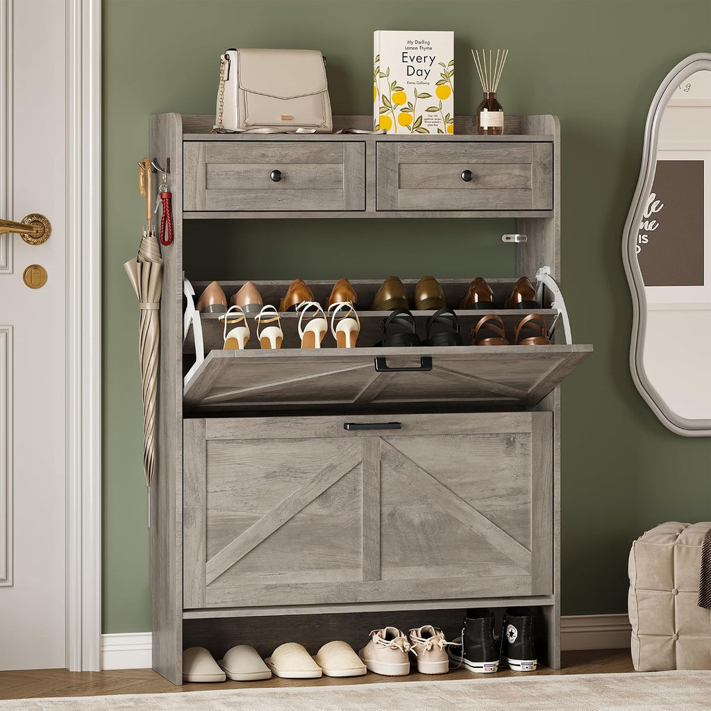 Bornoon Shoe Storage Cabinet For Entryway, Farmhouse Narrow Shoe Cabinet With 2 Flip Drawers & Top Drawers, Adjustable Shelves & Hooks, Freestanding Hidden Rack Organizer For Hallway, Foyer