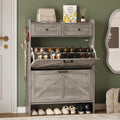 Bornoon Shoe Storage Cabinet For Entryway, Farmhouse Narrow Shoe Cabinet With 2 Flip Drawers & Top Drawers, Adjustable Shelves & Hooks, Freestanding Hidden Rack Organizer For Hallway, Foyer