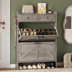 Bornoon Shoe Storage Cabinet For Entryway, Farmhouse Narrow Shoe Cabinet With 2 Flip Drawers & Top Drawers, Adjustable Shelves & Hooks, Freestanding Hidden Rack Organizer For Hallway, Foyer