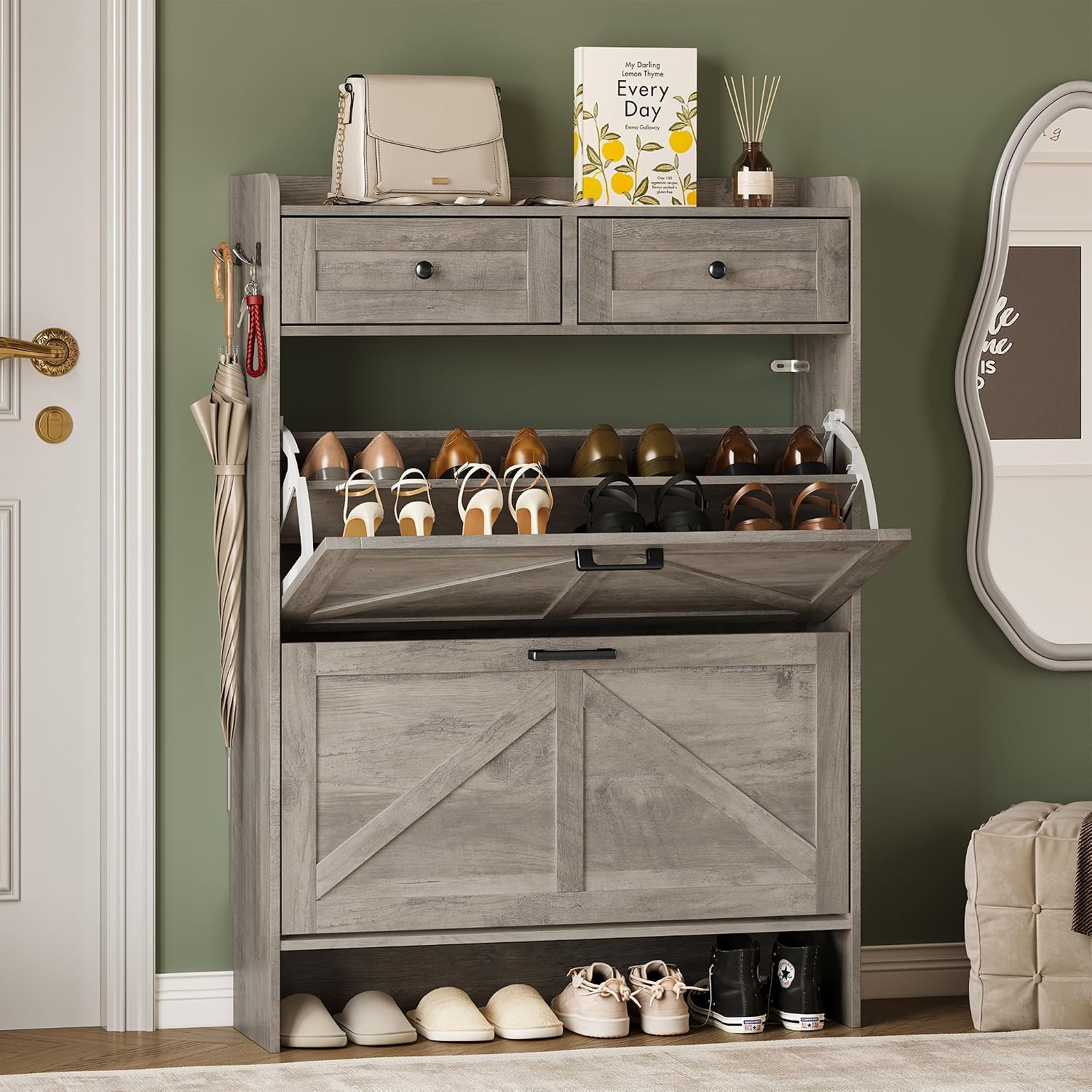 Bornoon Shoe Storage Cabinet For Entryway, Farmhouse Narrow Shoe Cabinet With 2 Flip Drawers & Top Drawers, Adjustable Shelves & Hooks, Freestanding Hidden Rack Organizer For Hallway, Foyer