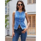 Elleven Women’S Crew Neck Denim Vest Summer, Button Down Fitted Jean Vest Top For Women Casual Outerwear Waistcoat