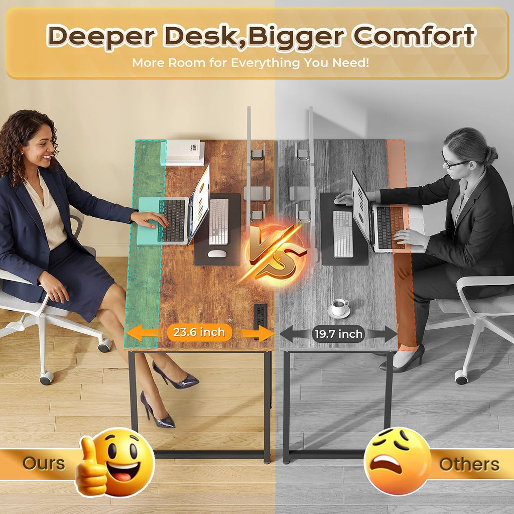 47 X 24 Inch Deeper Desk With Power Outlets | Computer Desk For Bedroom, Office Desk For Work From Home, Writing Study Gaming Table, Stable Metal Frame, Rustic Brown