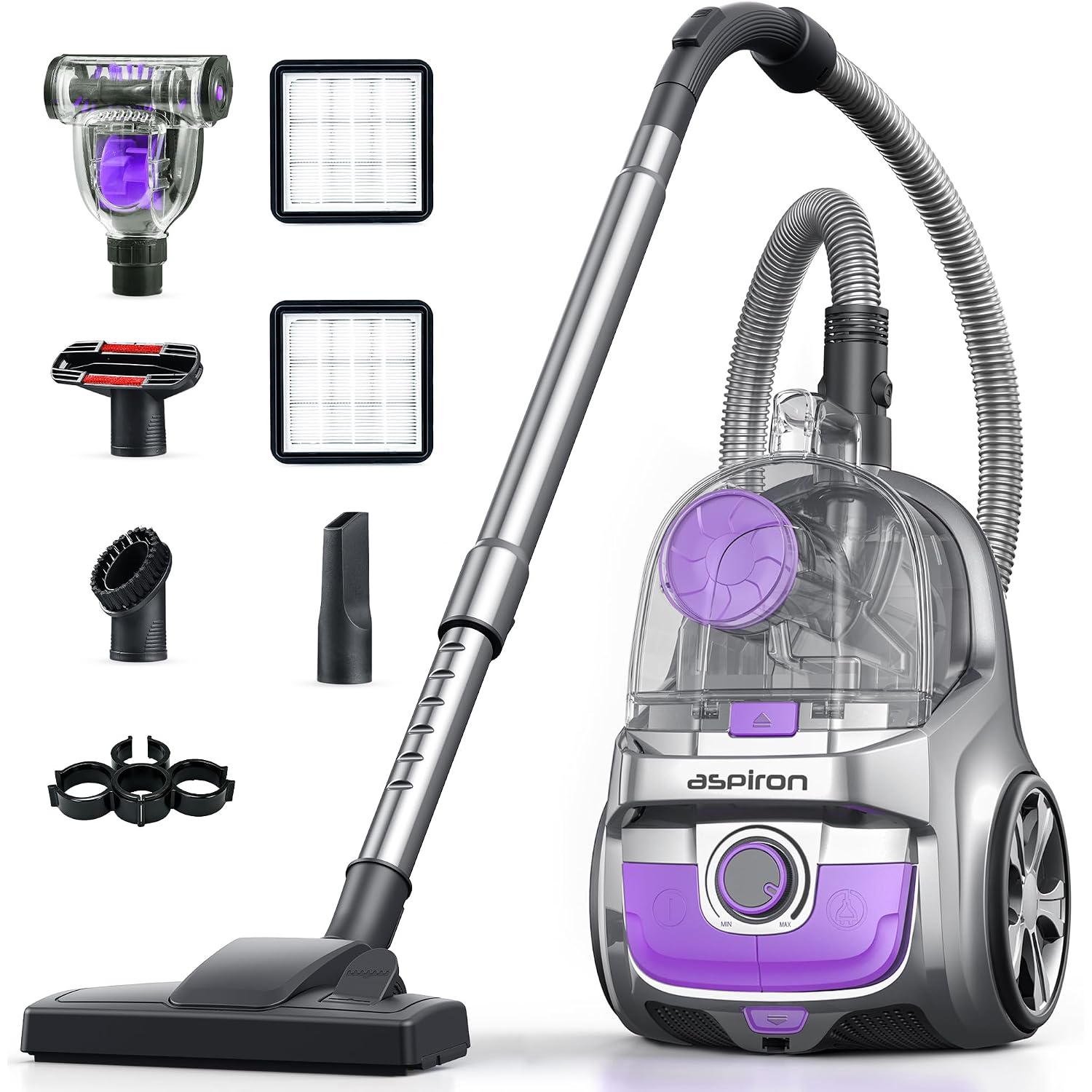 Aspiron 40Kpa Canister Vacuum Cleaner, 1600W Bagless Canister Vacuum Cleaner With 5 Tools, Auto Cord Rewind, H13 Hepa Filter, 4Qt Large Cup, For Hard Floors, Carpet, Pet, Upholstery, Tiles, Purple