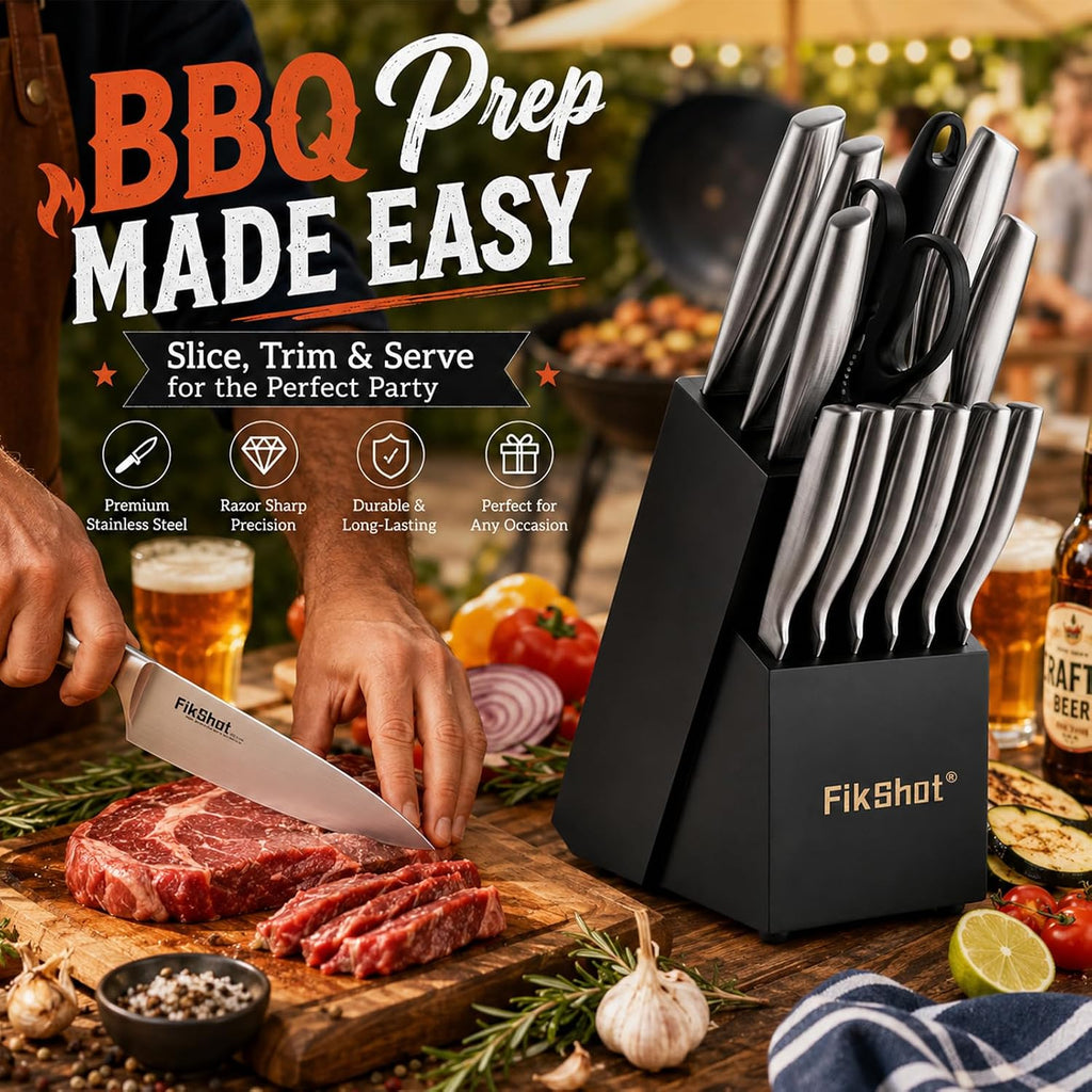 Kitchen Knife Set, German Stainless Steel Kitchen Knives | 14-Piece Includes Knife Block Set & Sharpener, High Carbon, Rust-Resistant, Ergonomic Handle For Cooking, Grilling & Gifting