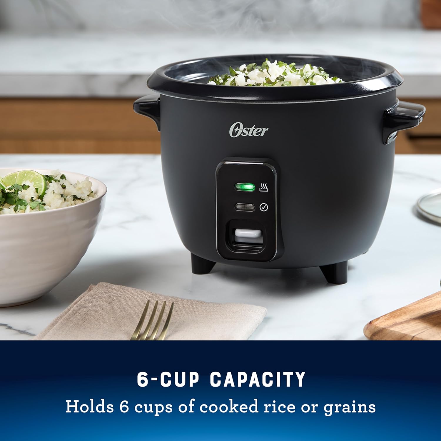 Oster Rice Cooker, 6 Cup Cooked (3 Cup Uncooked), Electric Rice Maker, Compact Size for Family Meals & Sides, Automatic Keep Warm, Nonstick Inner Pot, Black