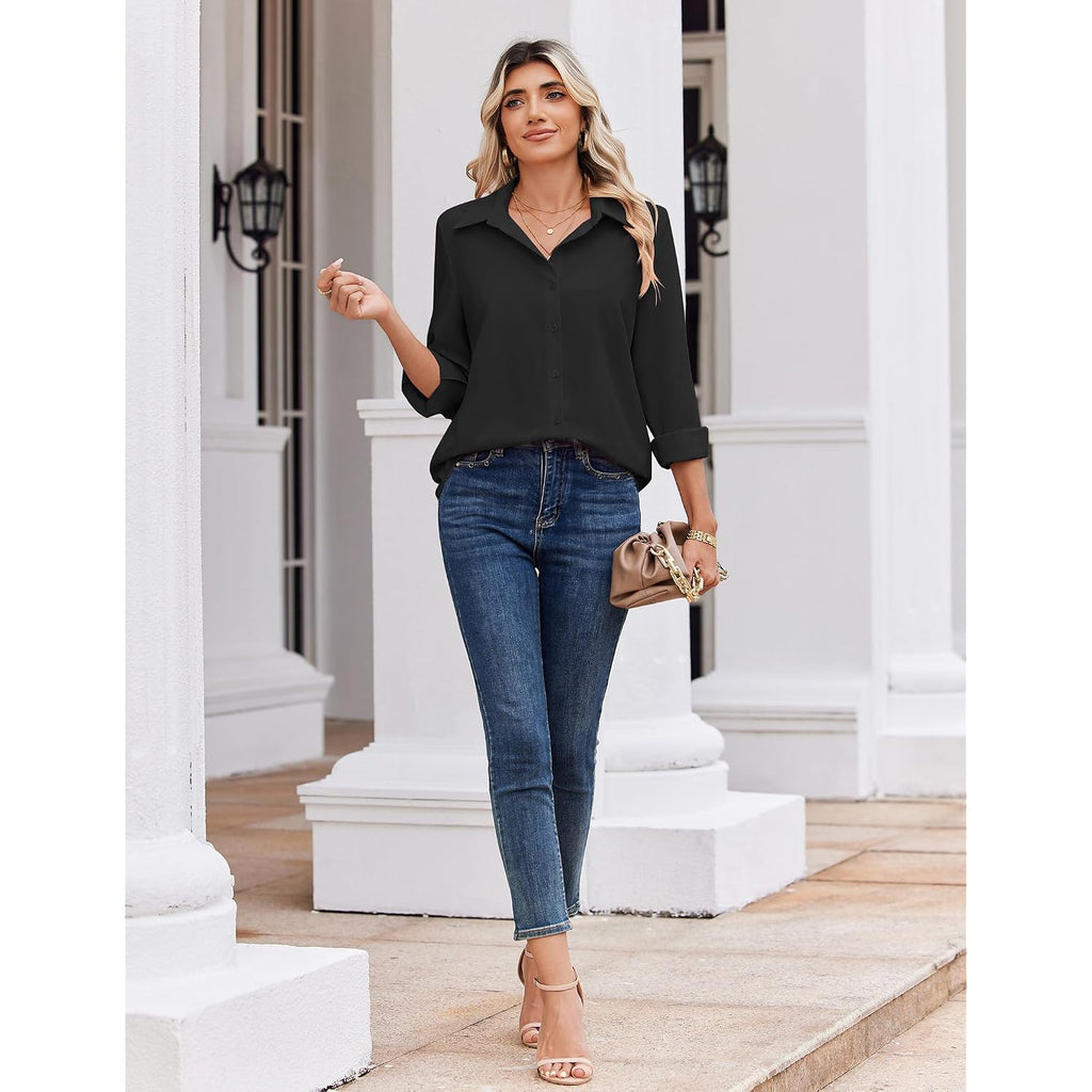 Zeagoo Blouse For Women Dressy Long Sleeve Button Down Shirts Business Casual Outfit Lightweight Solid/Printed Tops