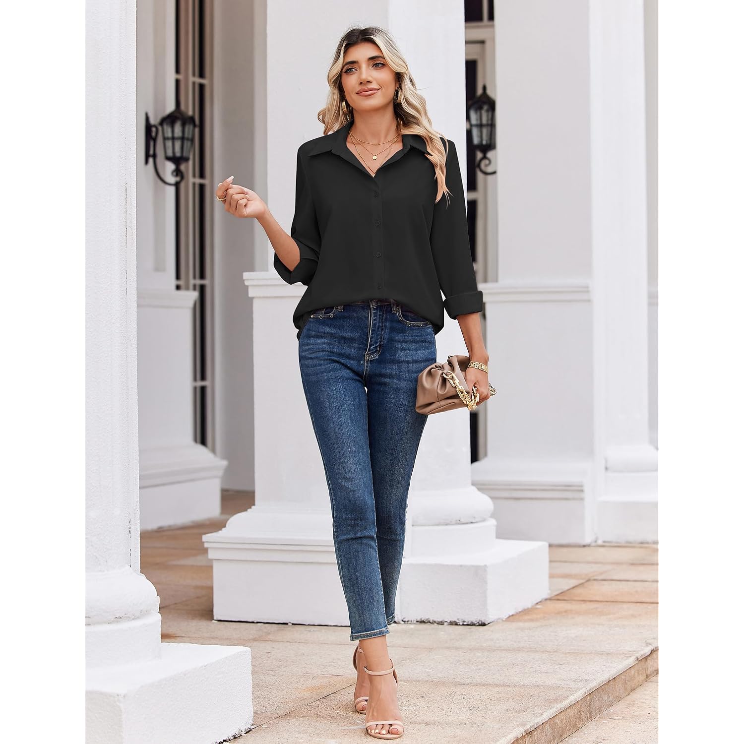 Zeagoo Blouse For Women Dressy Long Sleeve Button Down Shirts Business Casual Outfit Lightweight Solid/Printed Tops