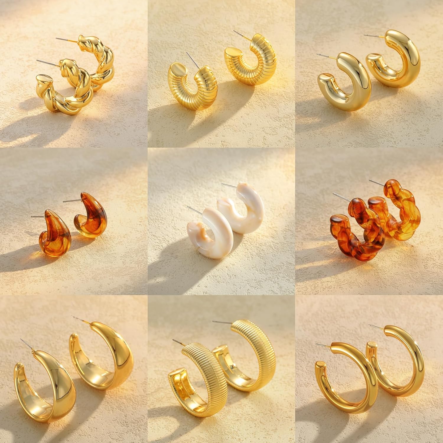 Chunky Gold Hoop Earrings for Women: 9 Pairs 14k Gold-Plated Resin Hoop Earrings, Thick Open Twisted Huggie Hoops Fashion Jewelry Gifts