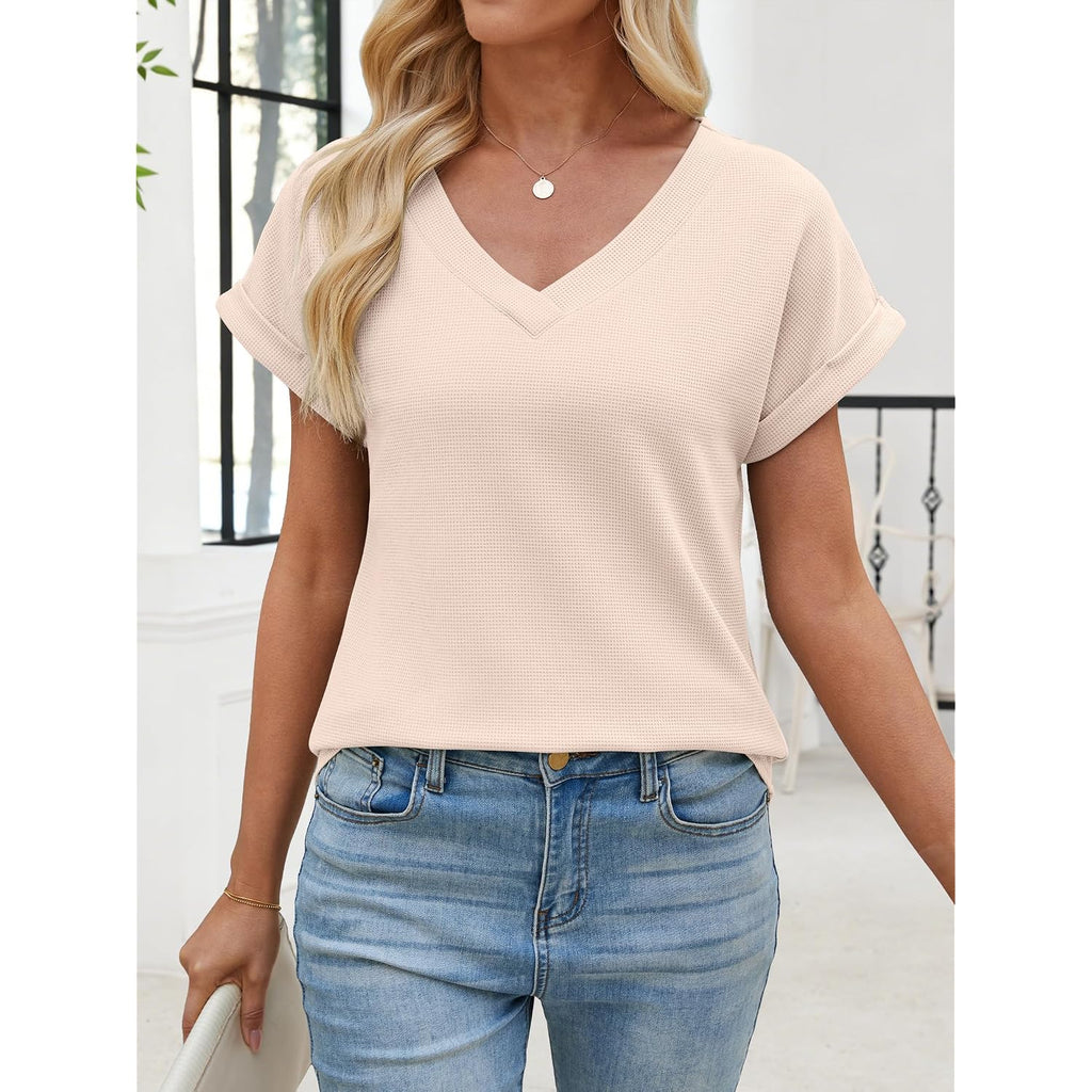 ANRABESS Womens Waffle Knit Tops 2026 Summer Casual Short Sleeve V Neck T Shirts Basic Work Tee Spring Vacation Blouses