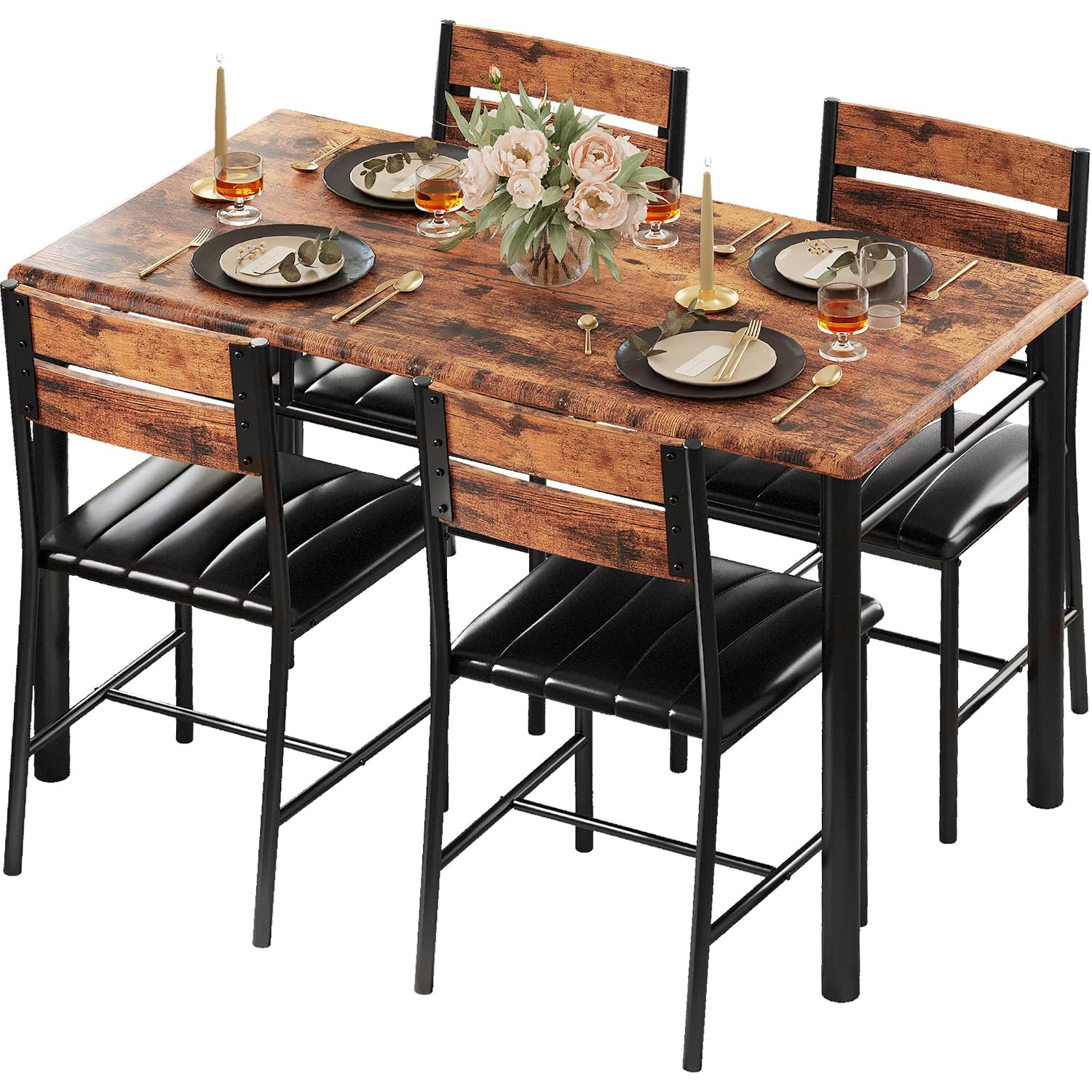 Ironck Dining Table Set For 4, Wood Kitchen Table With Upholstered Chairs For Kitchen Room And Small Spaces, Rustic Brown