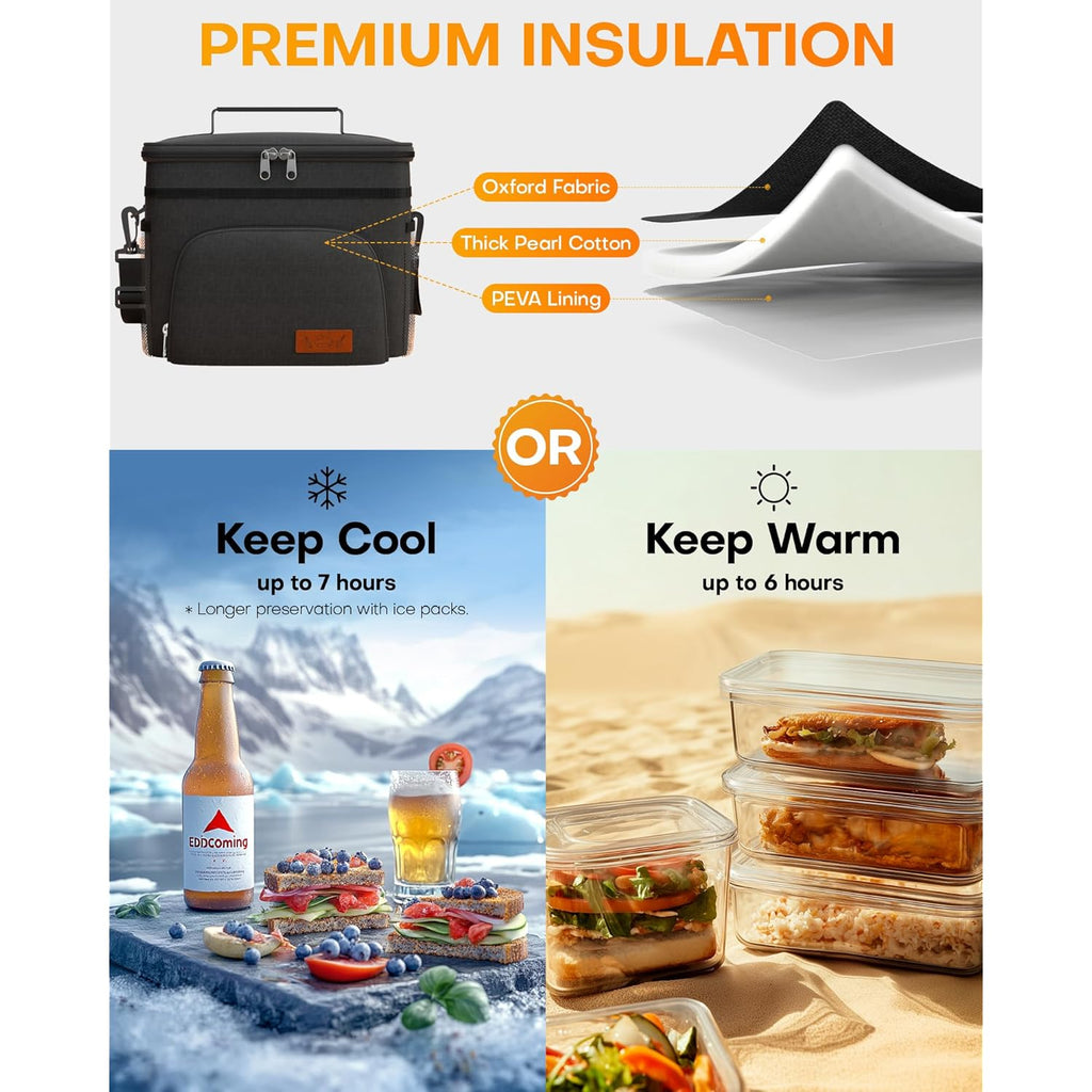 HOTOR Insulated Lunch Box for Men & Women - Leak-Proof Cooler Lunch Bag with 4 Pockets, Adjustable Strap, Ideal for Work, Picnic, Travel - Medium, Black, 10.2"×6.9"×8.5"