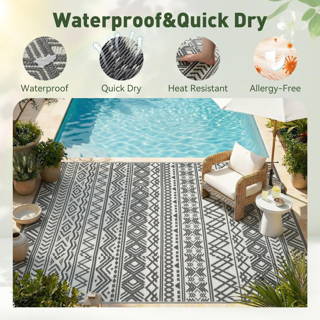 Montvoo Outdoor Rug Carpet Waterproof 5X8 Outdoor Patio Rug Mat Reverisble Plastic Straw Outdoor Rug For Rv Camping Picnic Beach Balcony Boho Grey