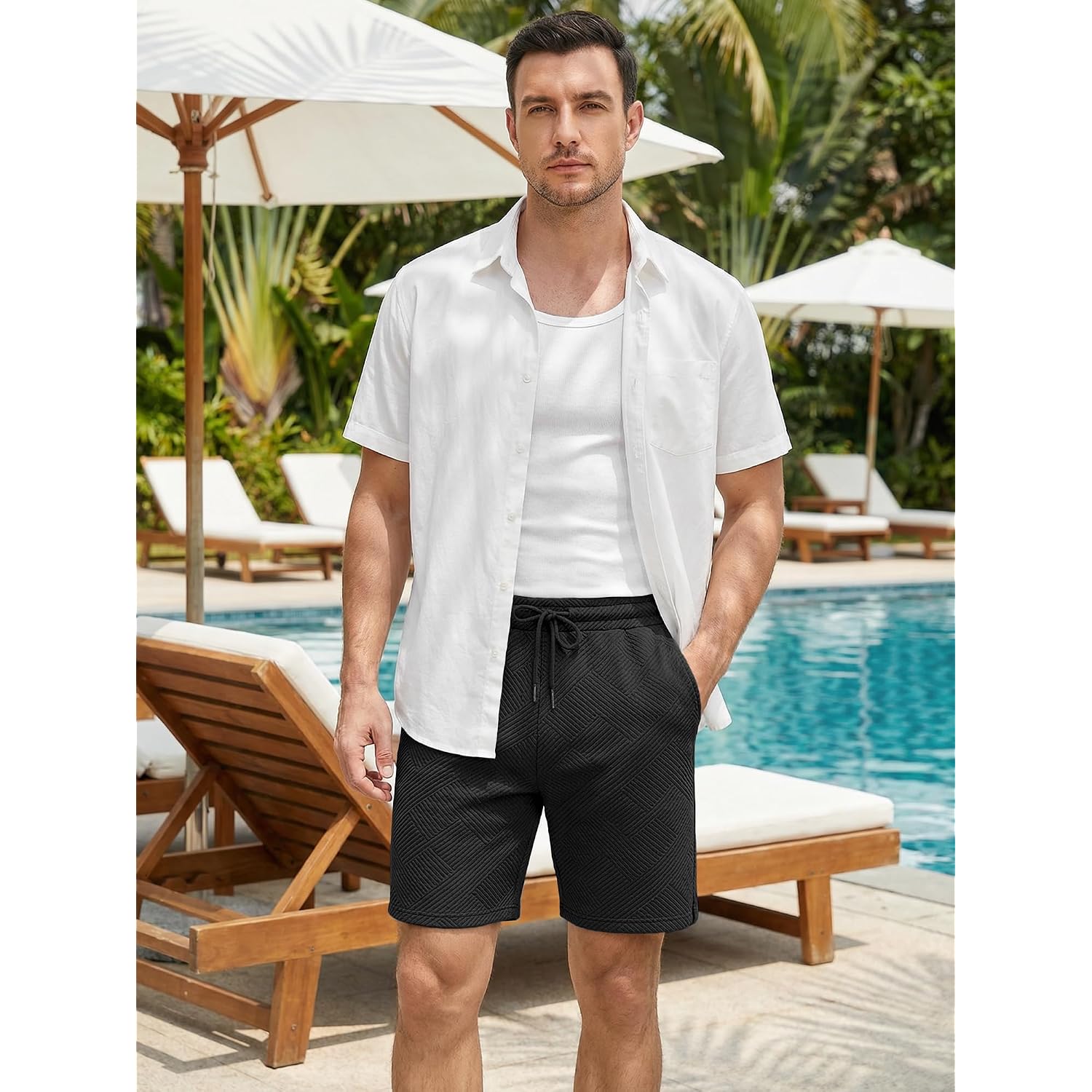 Jmierr Mens Casual 7" Shorts Summer Drawstring Elastic Waist Beach Sweat Shorts Texture With Pockets