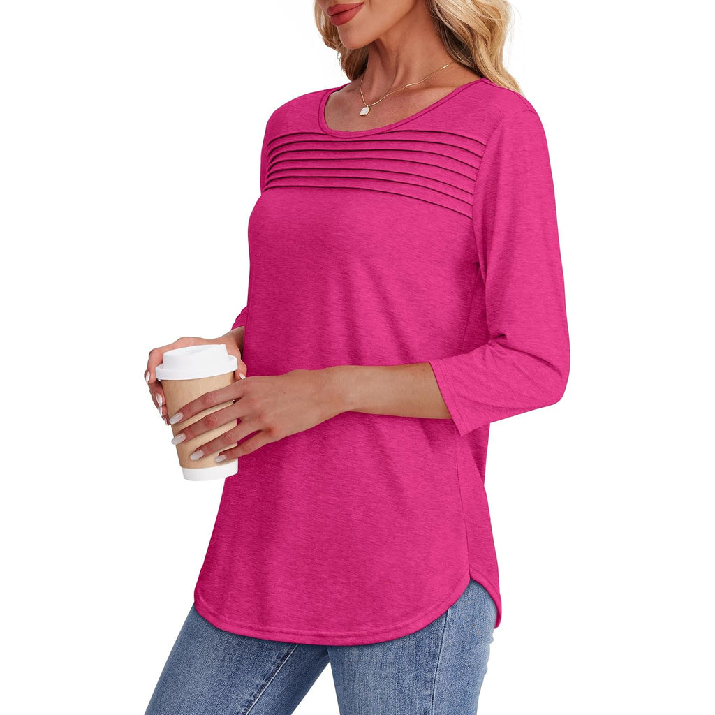 Ofeefan Womens Tops 3/4 Length Sleeve Blouses Dressy Casual Spring Summer Fall Outfits Pleated Front T Shirts Curved Hem
