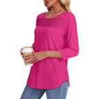 Ofeefan Womens Tops 3/4 Length Sleeve Blouses Dressy Casual Spring Summer Fall Outfits Pleated Front T Shirts Curved Hem