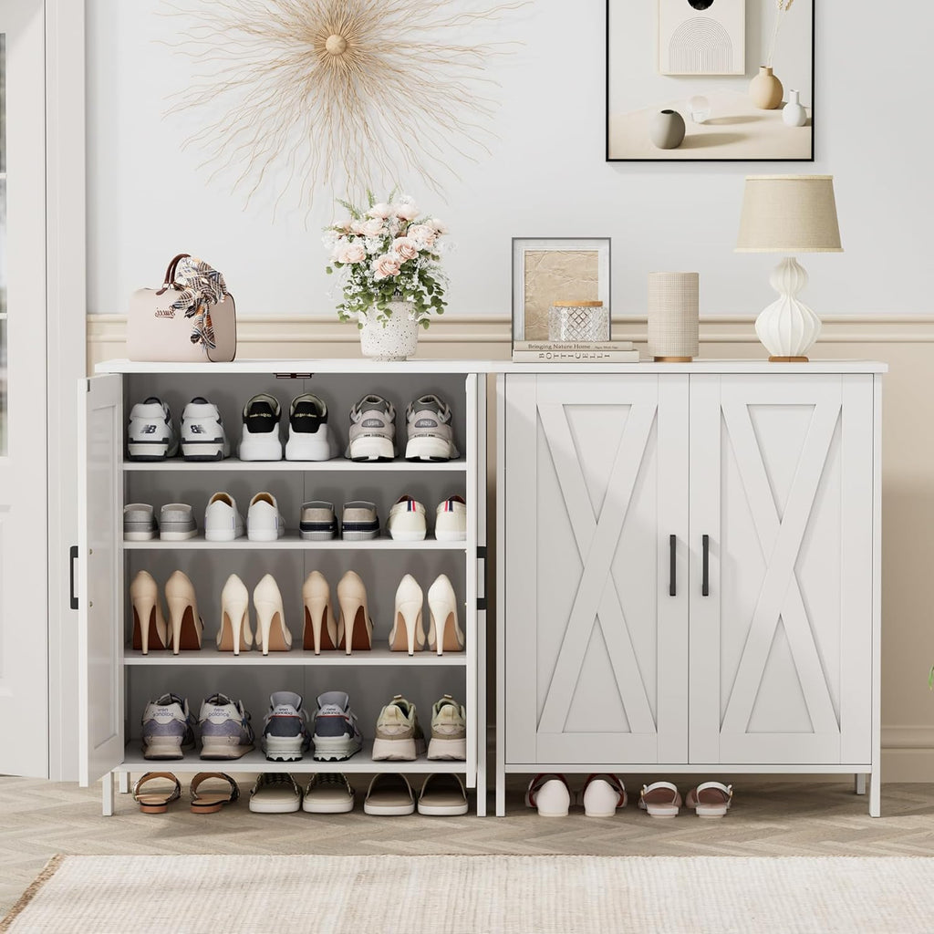 Homleke Farmhouse Shoe Cabinet with 2 Barn Doors & Wood Legs, 5-Tier Shoe Storage Cabinet with 3 Adjustable Shelves, Tall Shoe Rack Organizer for Closet, Shoe Organizer for Entryway, Hallway, White