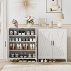 Farmhouse Shoe Cabinet With 2 Barn Doors & Wood Legs, 5-Tier Shoe Storage Cabinet With 3 Adjustable Shelves, Tall Shoe Rack Organizer For Closet, Shoe Organizer For Entryway, Hallway, White