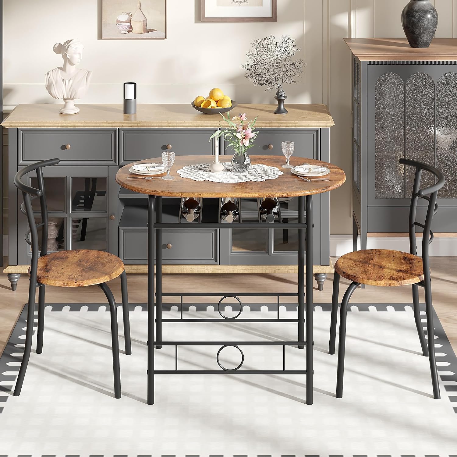 Vecelo 3-Piece Dining Table Set For Kitchen Breakfast Nook, Wood Grain Oval Tabletop And Metal Frame With Built-In Wine Rack, For Small Spaces, Antique Brown & Black