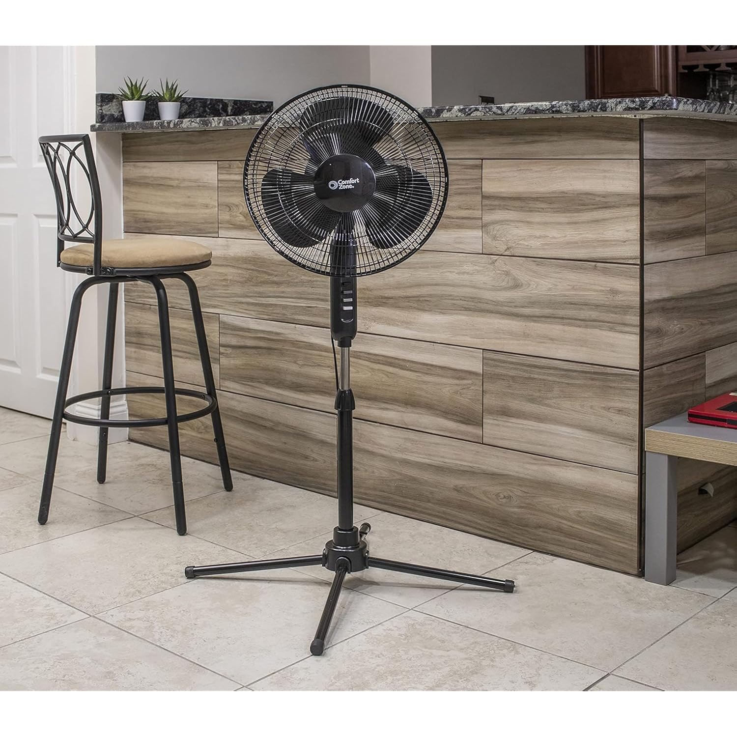 Comfort Zone Electric Oscillating Pedestal Fan, Stand Fan, 16 Inch, 3 Speed, 90 Degree Oscillating Head, Adjustable Height And Tilt, Airflow 7.48 Ft/Sec, Ideal For Home, Bedroom & Office, Czst161Btebk