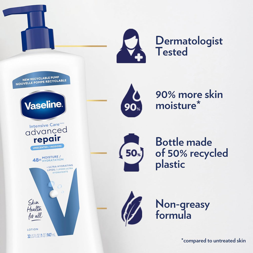 Vaseline Intensive Care Body Lotion Advanced Repair Unscented For Dry Skin Lotion Made With Ultra-Hydrating Lipids + Vaseline Jelly To Repair Extremely Dry Skin 32 Fl Oz