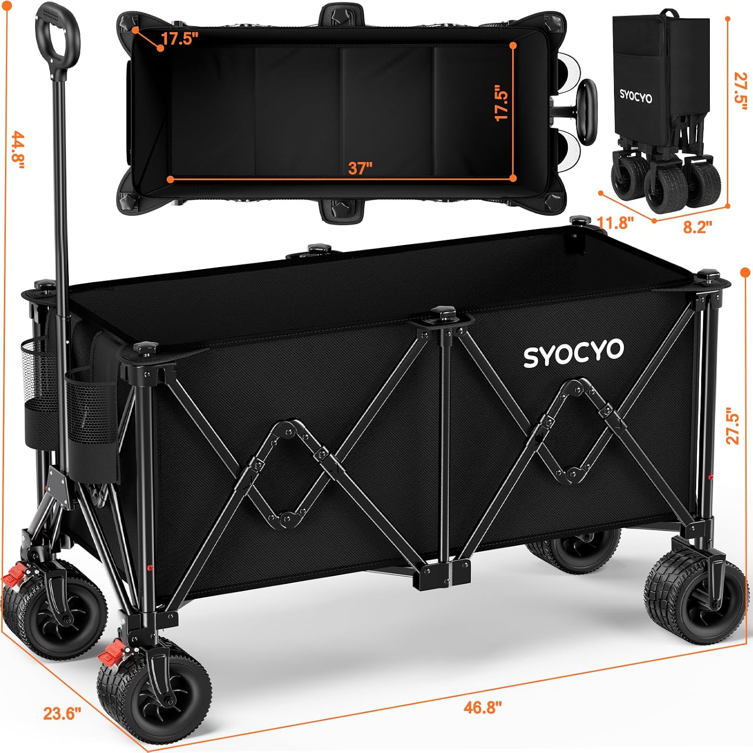 Beach Wagon Carts Foldable 570Lbs Collapsible Wagon With Big All-Terrain Wheels For Sand 330L Heavy Duty Utility Carts With Cup Holders For Garden, Camping, Grocery, Black