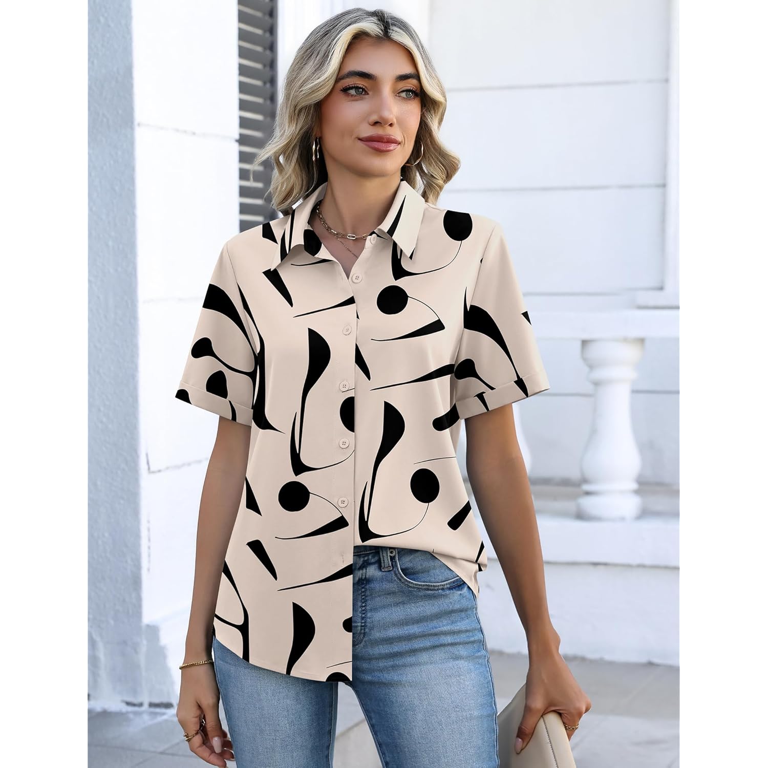 Button Down Shirts for Women Short Sleeve Collared Tops Dressy Casual V Neck Blouses