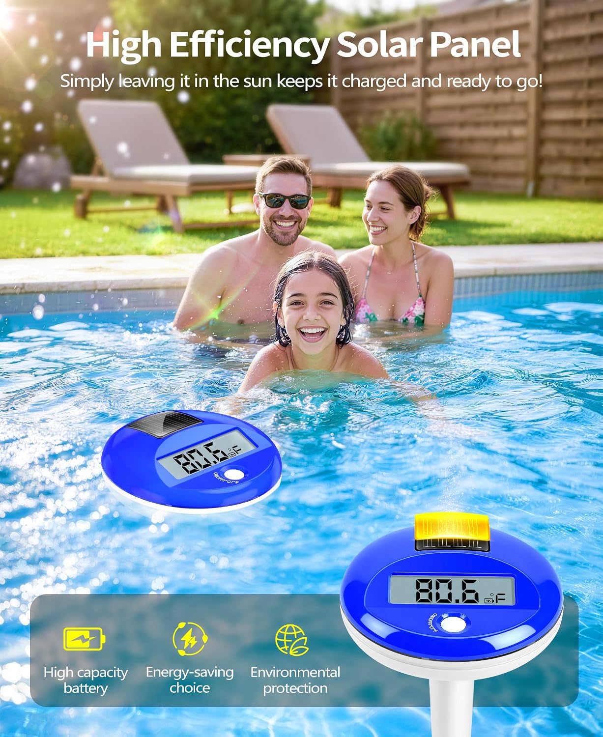 Solar Digital Pool Thermometer Floating Easy Read With One Rope | Large Lcd Display With Big Numbers, ±0.5℃ High Precision, Ip68 Waterproof Pooltemperature Gauge For Hot Tub, Spa