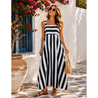 Huaqiao Womens Summer Striped Maxi Dress Sleeveless Square Neck Spaghetti Strap Flowy Beach Boho Vacation Sundress