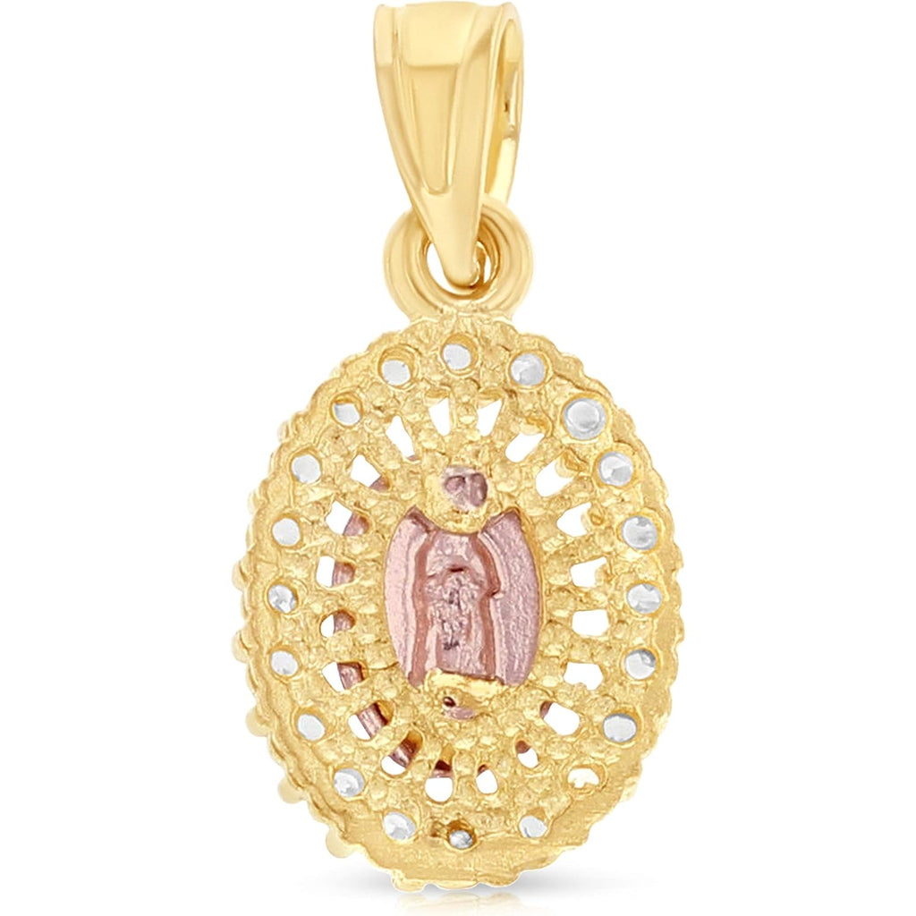 14K Yellow Gold Our Lady of Guadalupe Cubic Zirconia CZ Charm Pendant with 1.5mm Valentino Chain Necklace