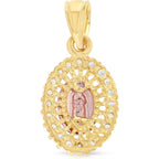 14K Yellow Gold Our Lady of Guadalupe Cubic Zirconia CZ Charm Pendant with 1.5mm Valentino Chain Necklace