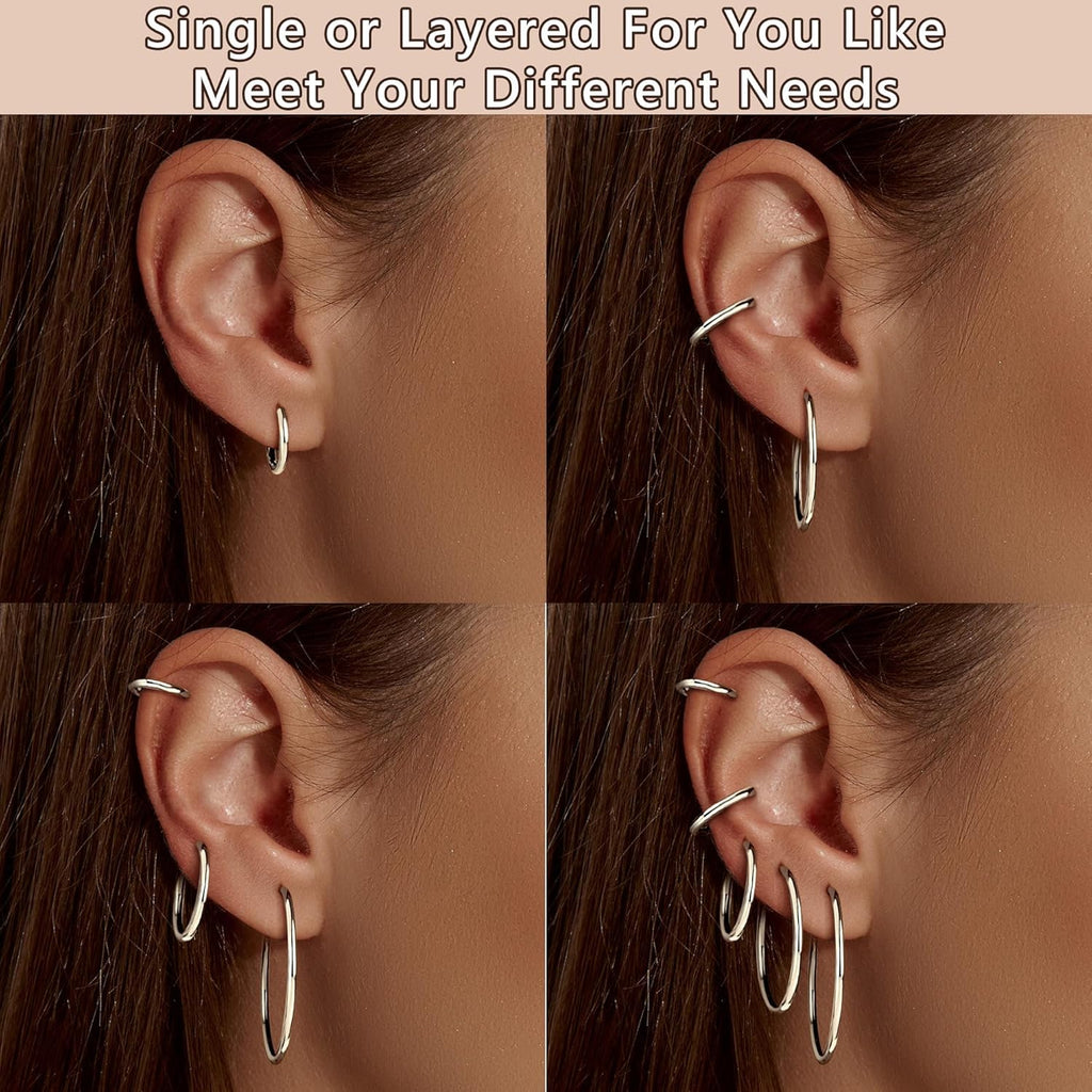FUNRUN JEWELRY 5 Pairs 925 Sterling Silver Hoop Post Earrings for Women-Small 14K Gold Silver Hoops Earrings,Hypoallergenic Silver Hoop Earring for Women-Medium Big Hoops Stack Earring 10/14/20/30/40mm