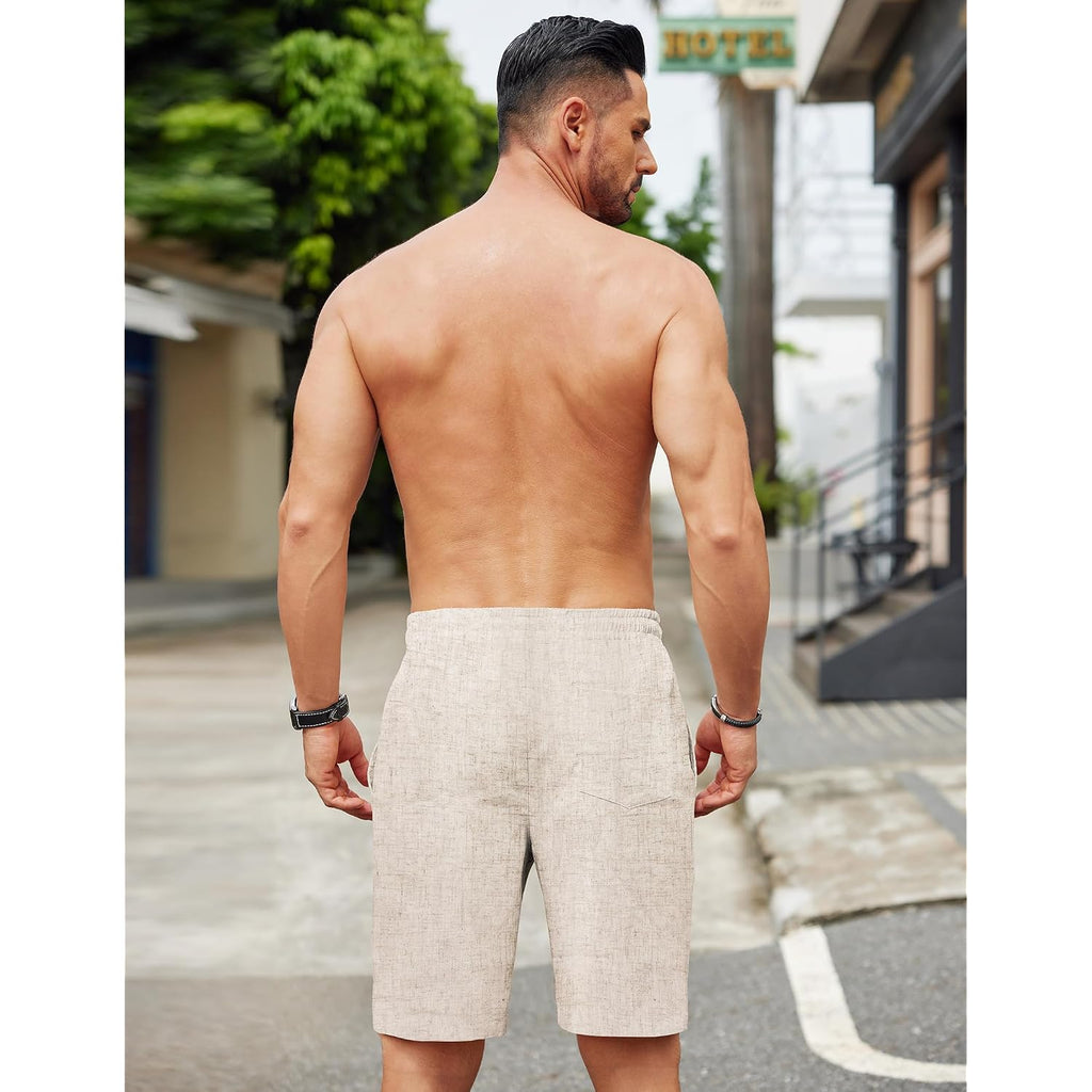 Coofandy Mens Casual Linen Shorts Elastic Waist Drawstring Loose Fit Summer Beach Vacation Shorts With Pockets