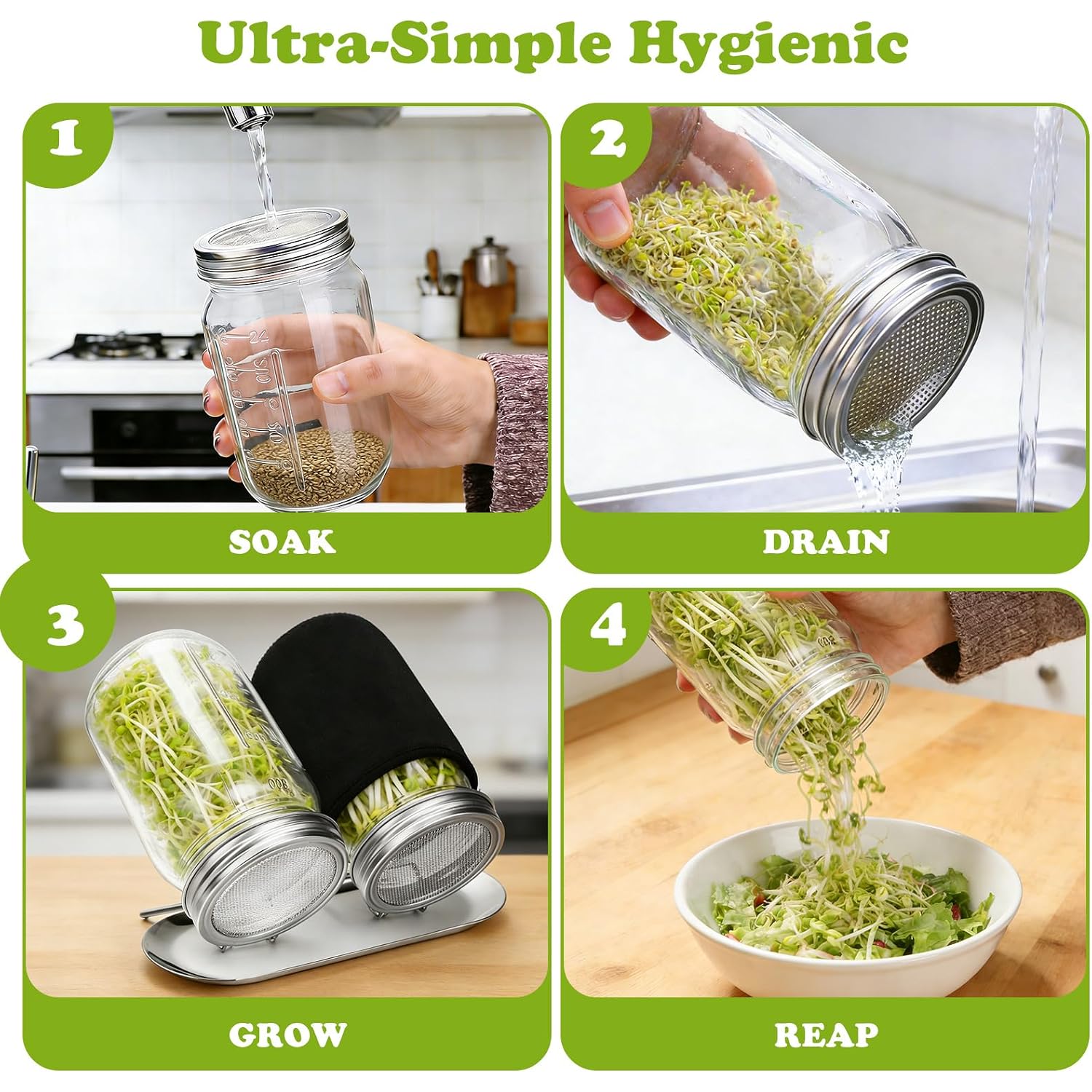 Palksky Sprouting Lids For Wide Mouth Mason Jars, 2Pack Reusable Stainless Steel Screen Bean Sprouts Growing Lid For Organic Alfalfa Broccoli Seeds Mung Bean Plant Germination Kits