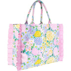 Lilly Pulitzer Ruffle Tote Bag, Cotton Canvas Shoulder Tote with Ruffle Detail, Flat Base, Durable Straps, Large Carryall for Travel & Everyday Use (Lilly Garden Home)