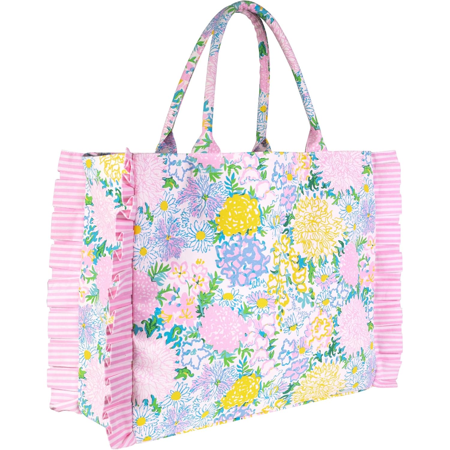 Lilly Pulitzer Ruffle Tote Bag, Cotton Canvas Shoulder Tote with Ruffle Detail, Flat Base, Durable Straps, Large Carryall for Travel & Everyday Use (Lilly Garden Home)