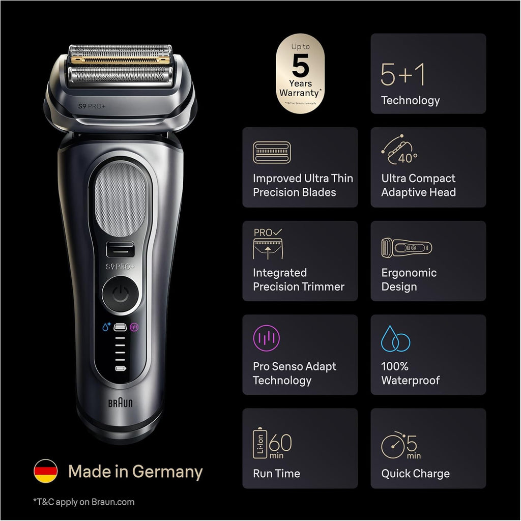 Braun Series 9 PRO+ Electric Shaver, Wet & Dry Razor, Pro SensoAdapt, 6in1 SmartCare Center, 9697CC, Silver