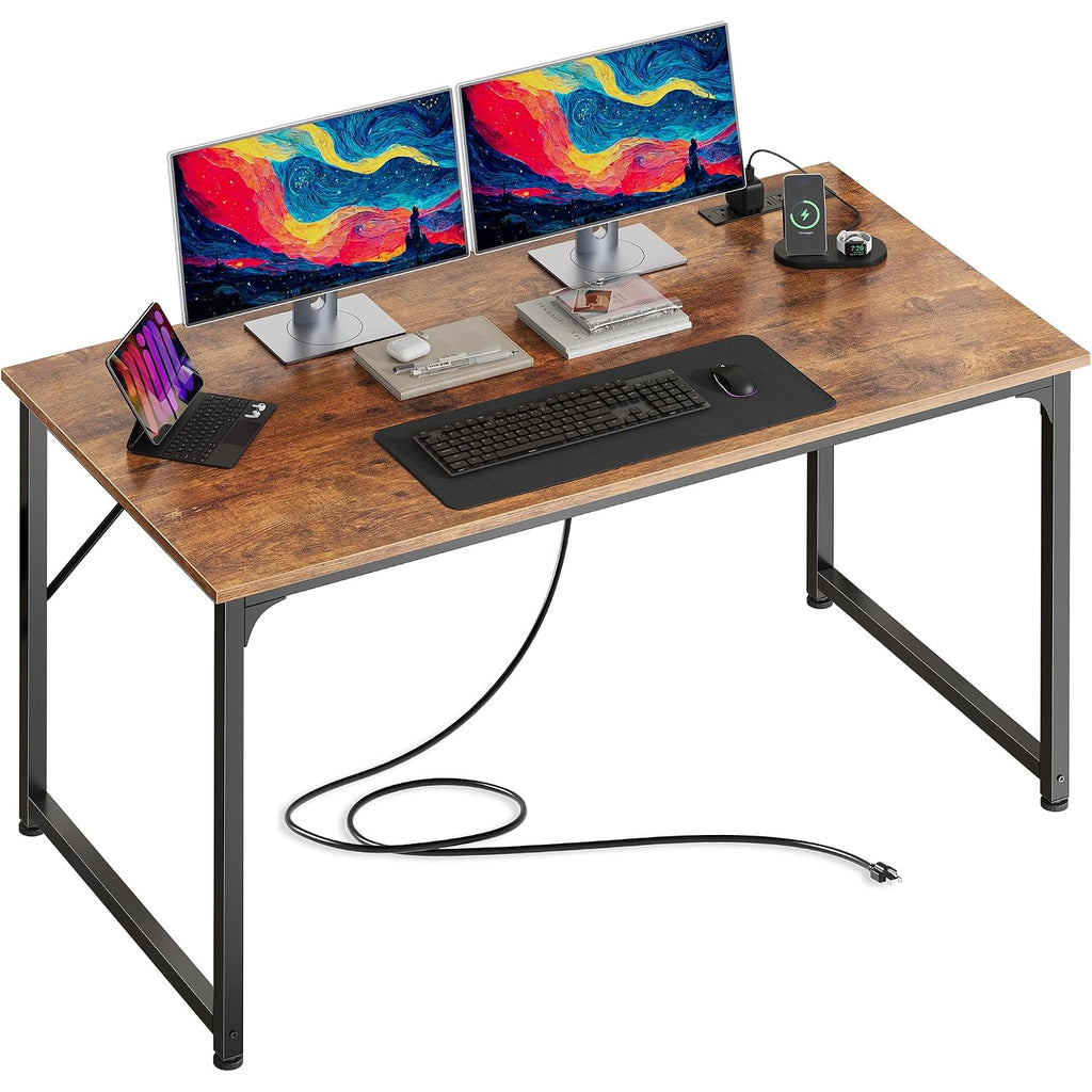 47 X 24 Inch Deeper Desk With Power Outlets | Computer Desk For Bedroom, Office Desk For Work From Home, Writing Study Gaming Table, Stable Metal Frame, Rustic Brown